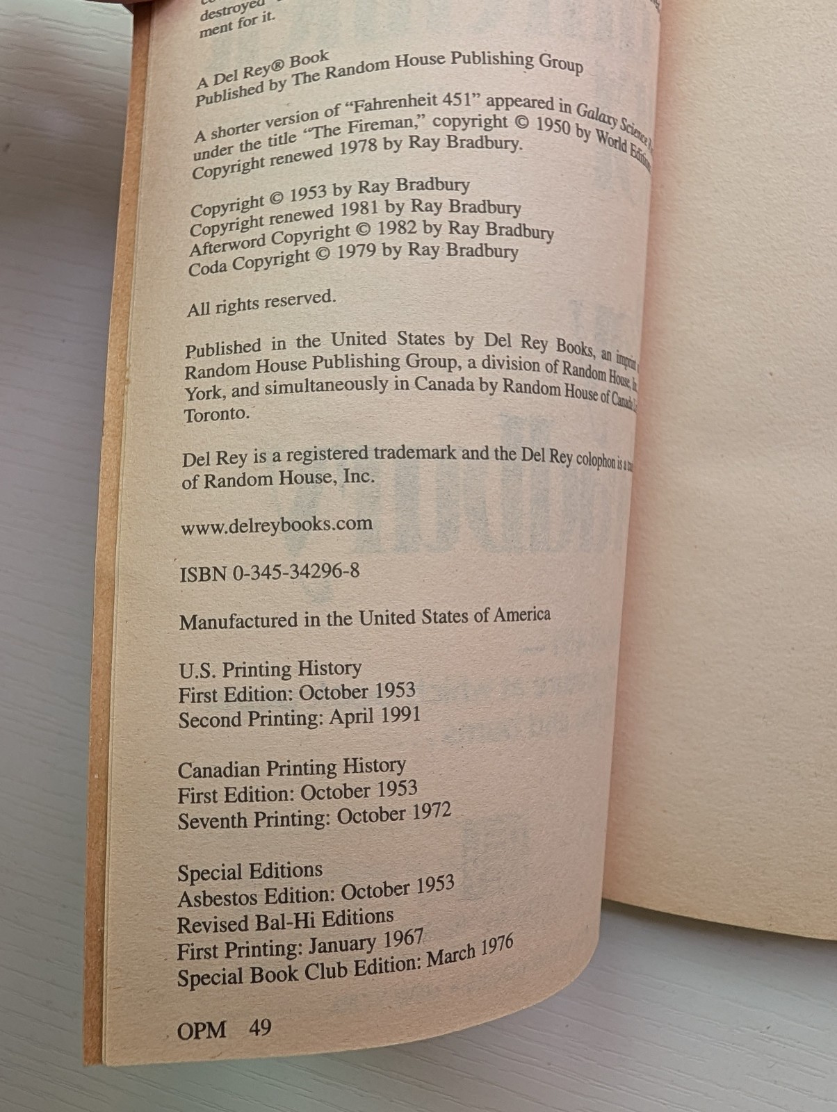Fahrenheit 451 50th Anniversary Edition 1991 Ballantine Del Rey Ray Bradbury