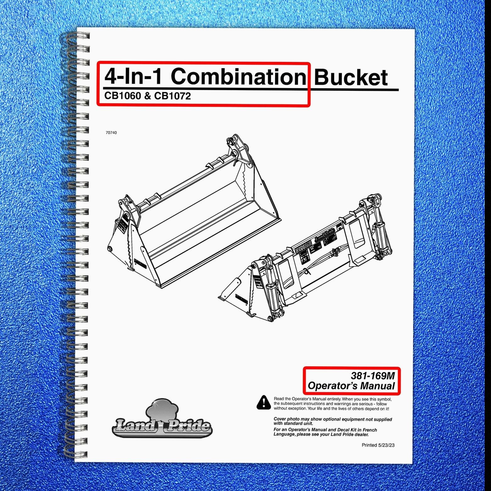 LAND PRIDE CB1060 CB1072 4-In-1 Combination Bucket Operators Manual BINDING